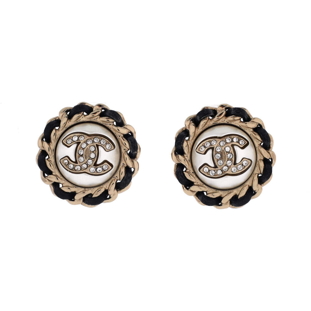 Chanel Chain Around CC Stud Earrings Metal with Leather and Crystals